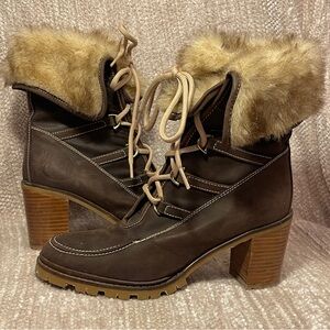 Hunter Brown Heeled Boots with Fur Trim